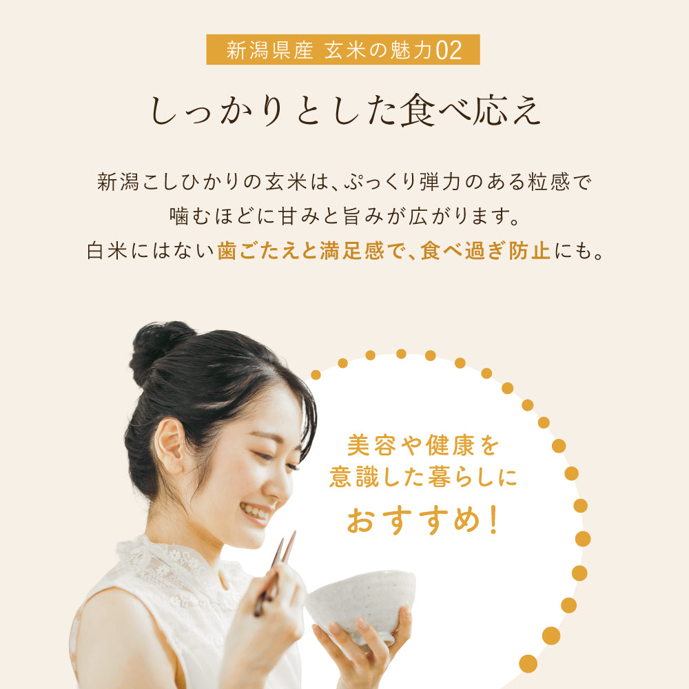 新潟県産 玄米の魅力02
しっかりとした食べ応え
新潟こしひかりの玄米は、ぷっくり弾力のある粒感で
噛むほどに甘みと旨みが広がります。
白米にはない歯ごたえと満足感で、食べ過ぎ防止にも。
「美容や健康を意識した暮らしにおすすめ!」