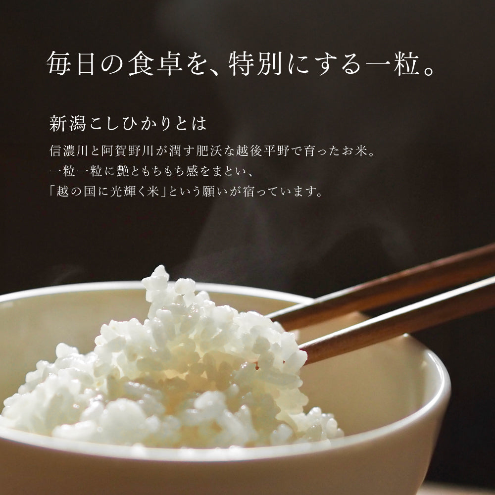 毎日の食卓を特別にする一粒。
新潟こしひかりとは、信濃川と阿賀野川が潤す肥沃な越後平野で育ったお米。
一粒一粒に艶ともちもち感をまとい、
「越の国に光輝く米」という願いが宿っています。